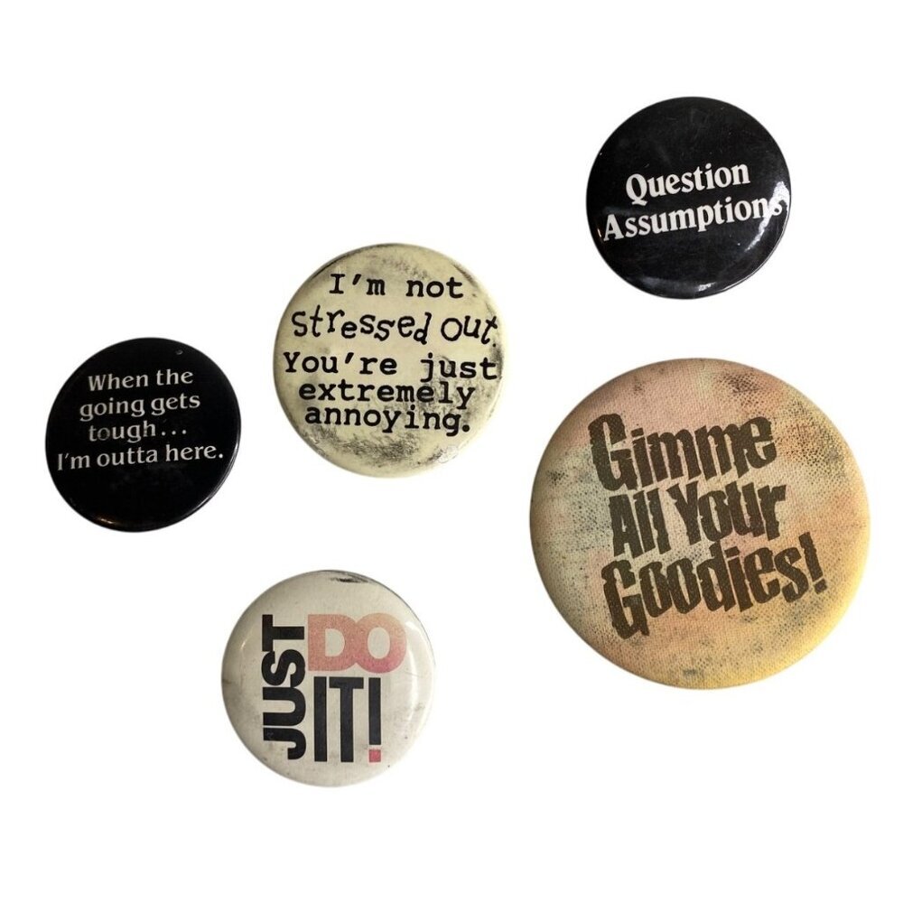 Vintage Pinback Buttons Assorted Lot Of 5 With Funny Sayings & Slogans Retro Col